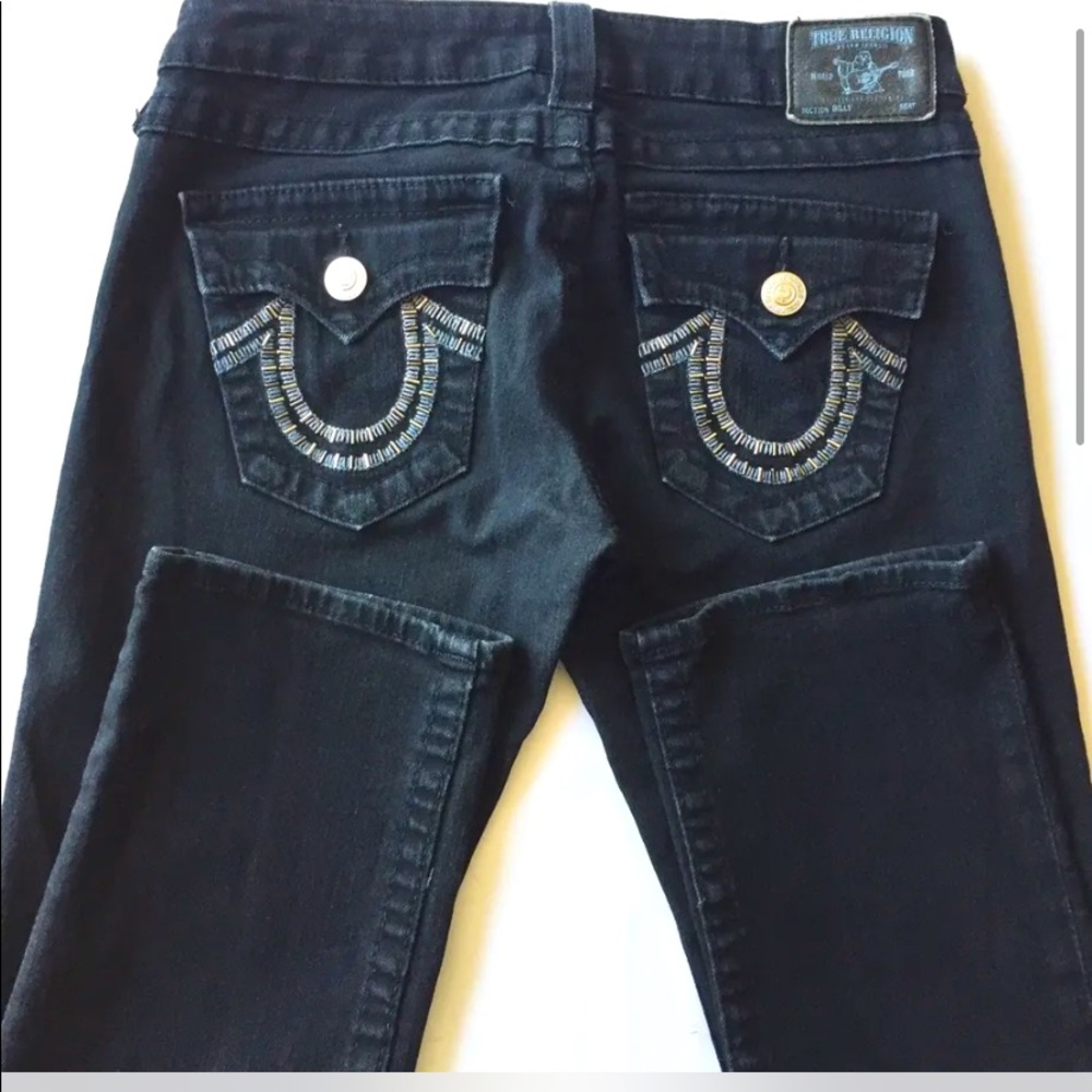 True Religion Women’s Billy Jeans Distressed Black Straight 27 Bead Embellished